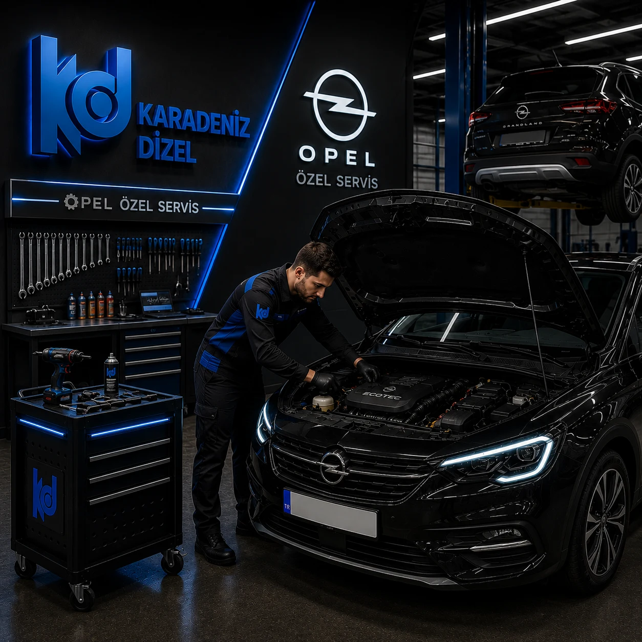 Karadeniz Dizel Oto Servis teknisyeni Opel araca müdahale ederken